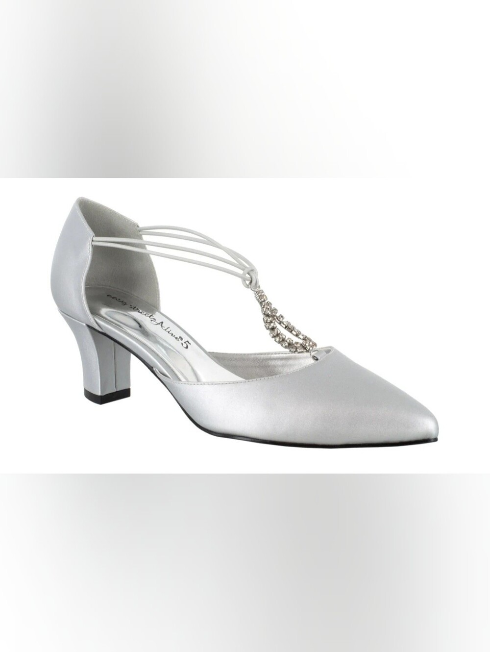 Easy Street Moonlight Silver T-Strap Pumps with Crystal Accent